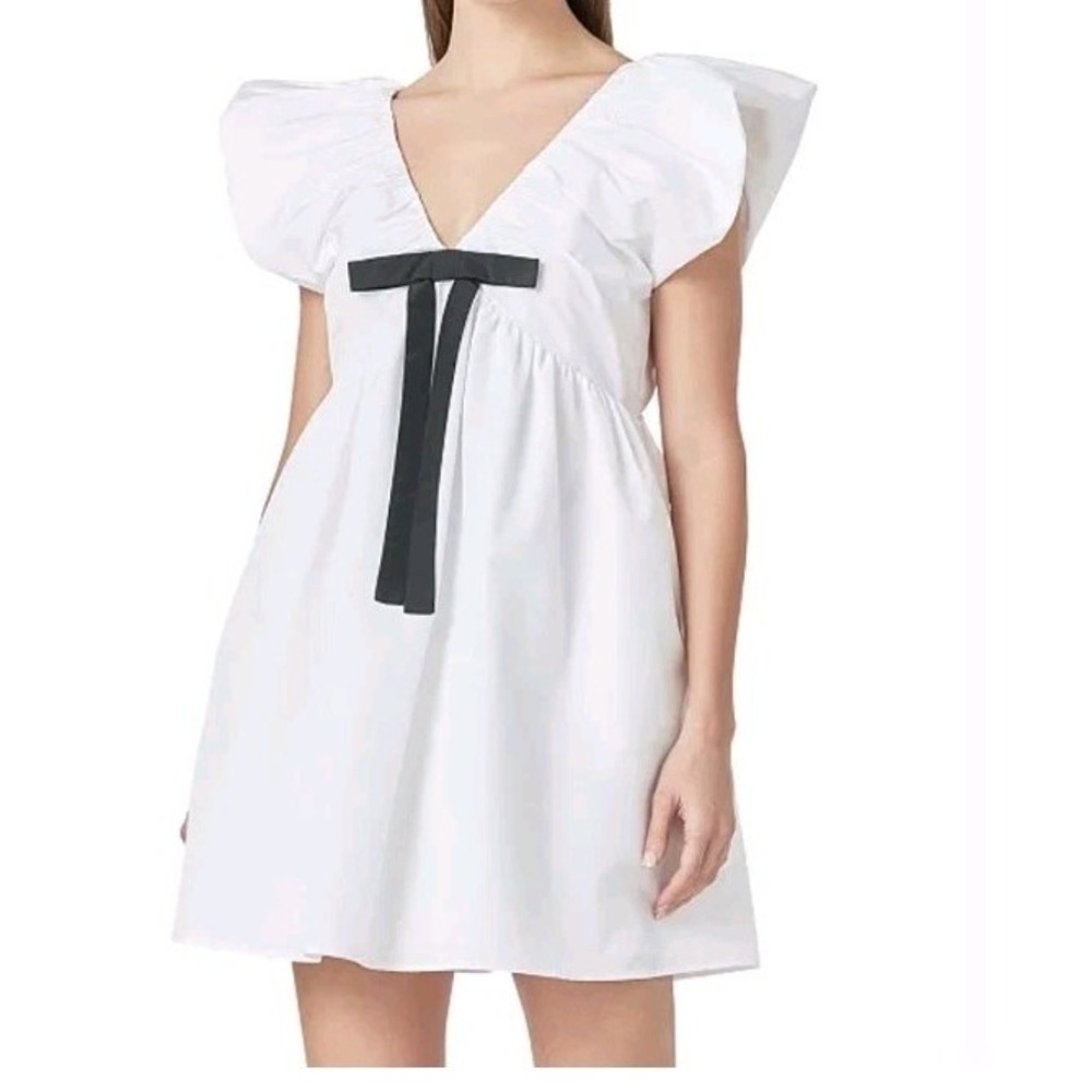 Endless Rose Flutter Sleeve V Neck Bow A-Line Mini Dress White Size L NWT $130